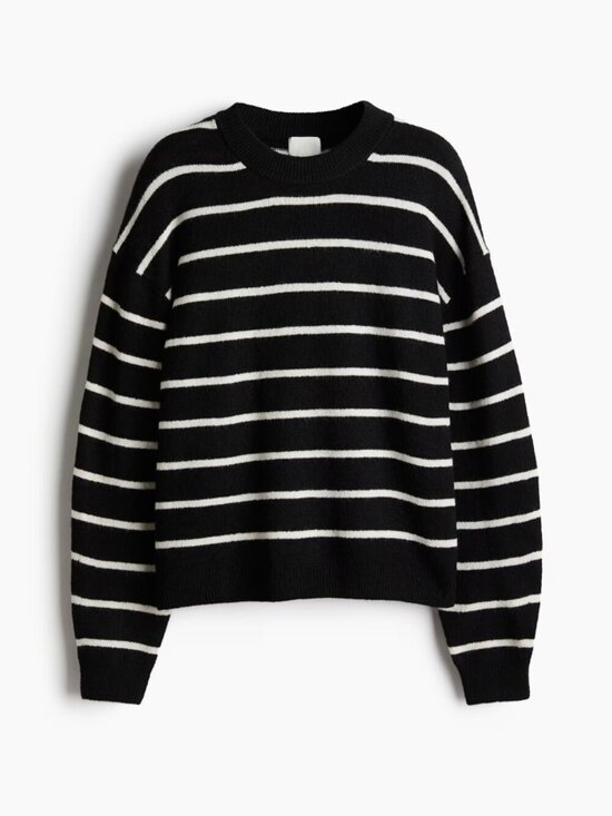H&M Sweaters - H&M Black Ivory Striped Cotton Chunky Rib Knit Crew Neck Loose Sweater, Size S